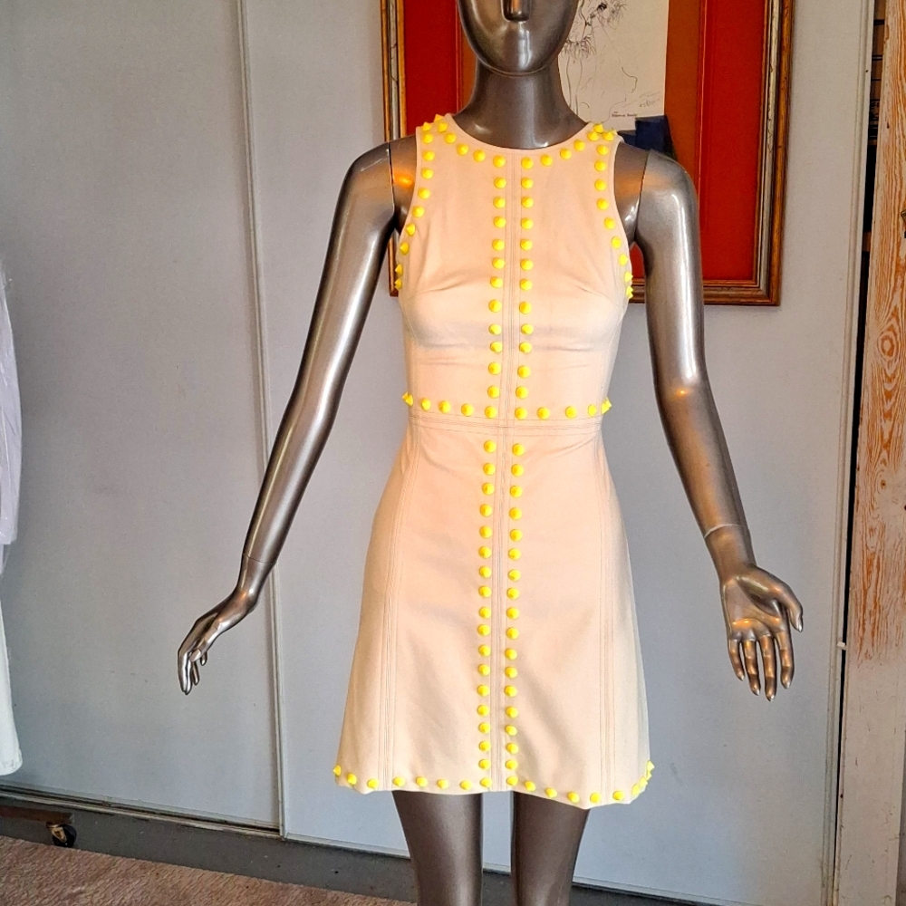 Vintage pleather 60's inspired shift dress with yellow nailhead trim